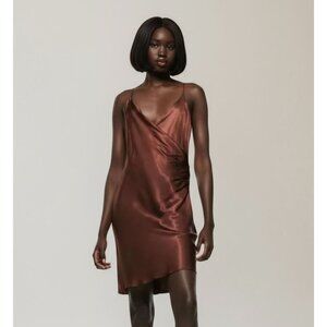 Zara Satin Slip Dress Mini Side Ruching V Neck Mini Chocolate Brown Small